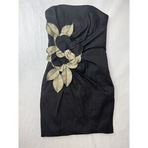 Vintage Cache Black Strapless Mini Dress Gold Floral Detail Party Cocktail Sz 4